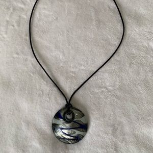Round glass medallion necklace blue black gray **BOGO same or less$
